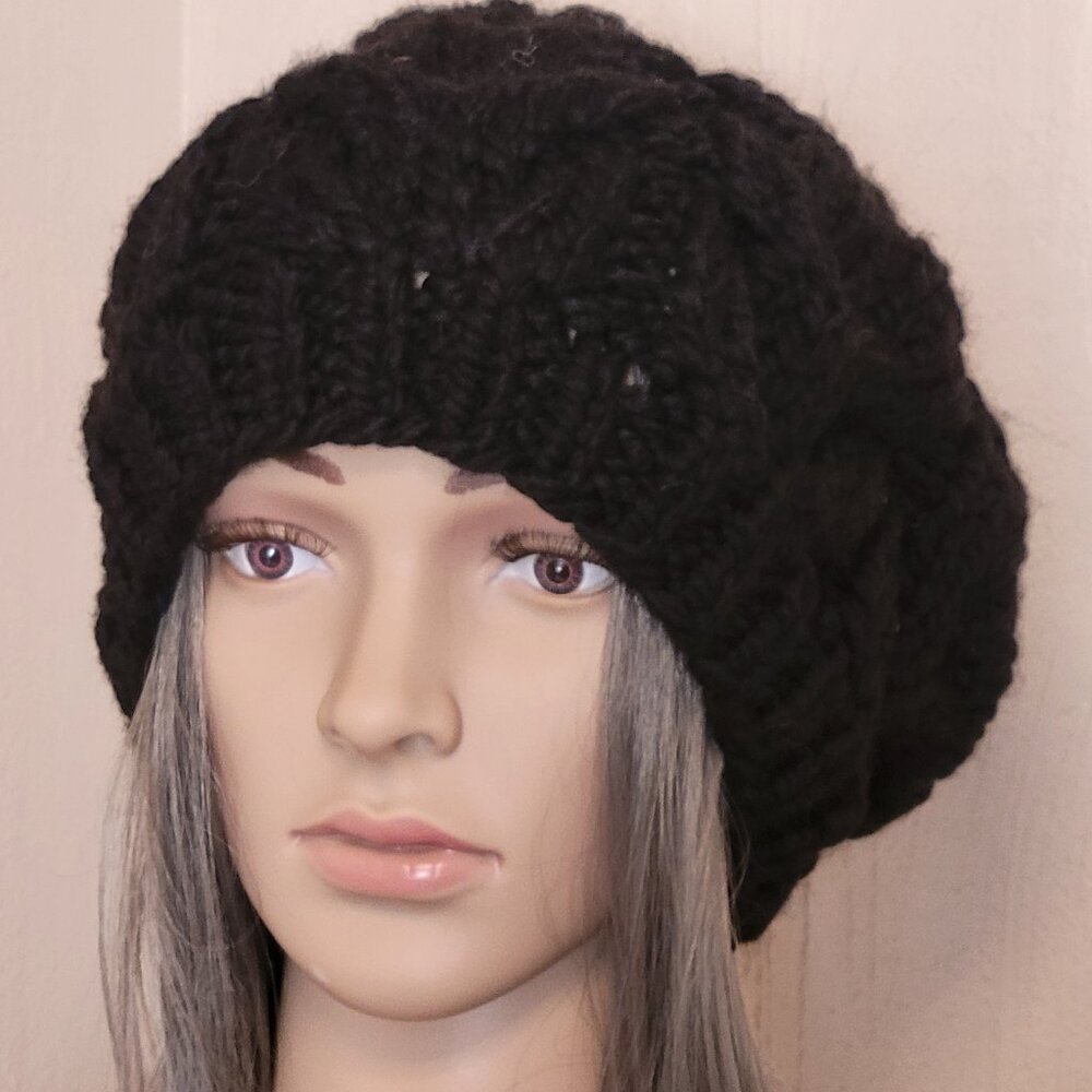 Wool Chunky Knit Beret, Oversized Beanie, Cable Knit Hat, Slouchy Beanie, Black